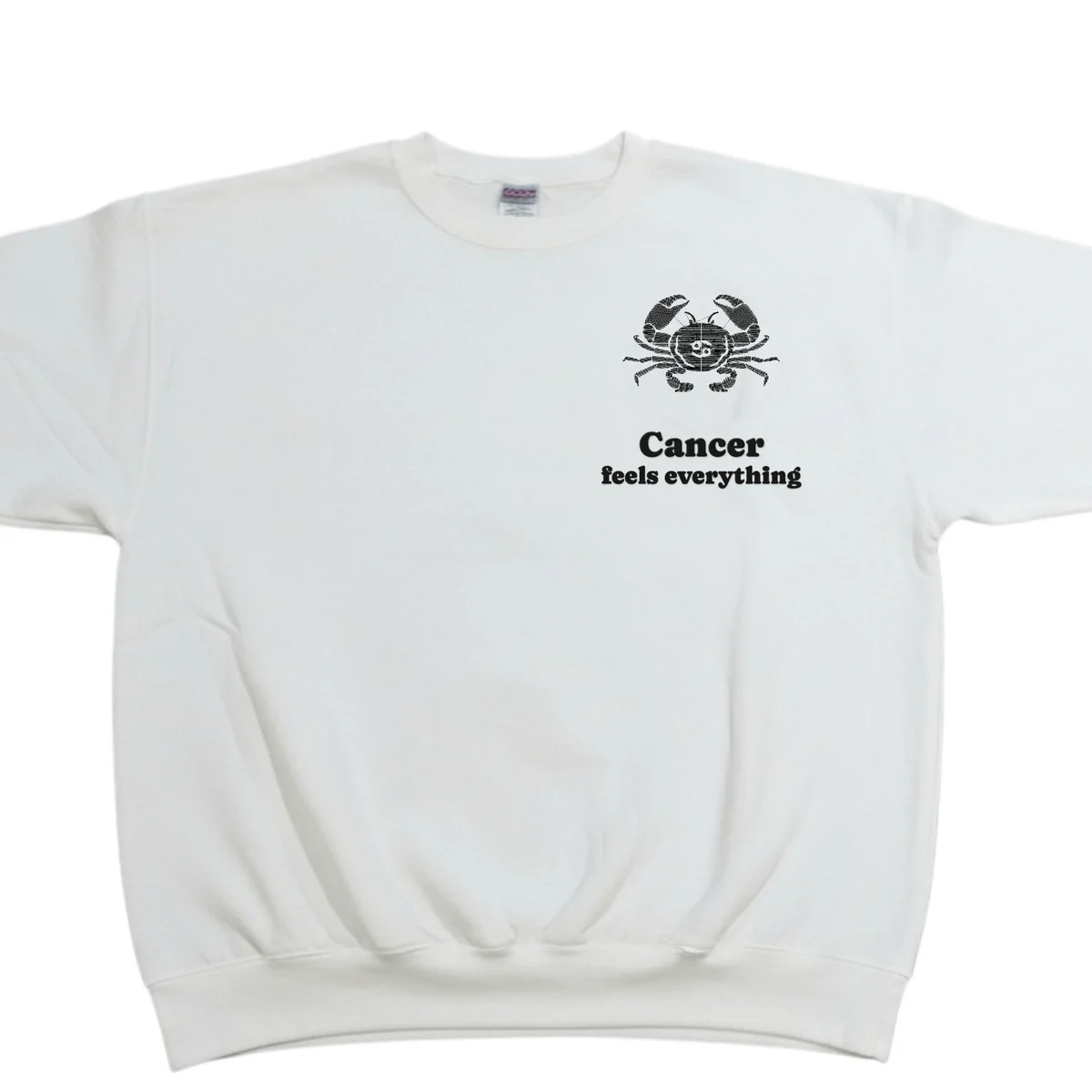 Cancer zodiac sweatshirt in white with the Cancer design and wording embroidered on the left chest