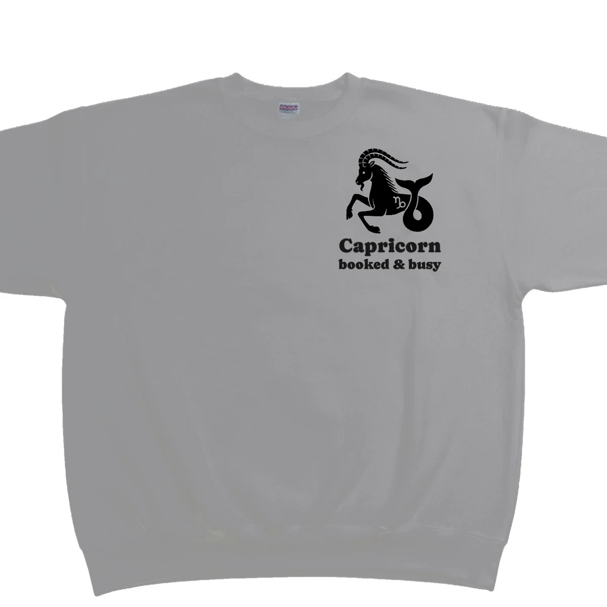 Capricorn zodiac sweatshirt in grey with the Capricorn design and wording embroidered on the left chest
