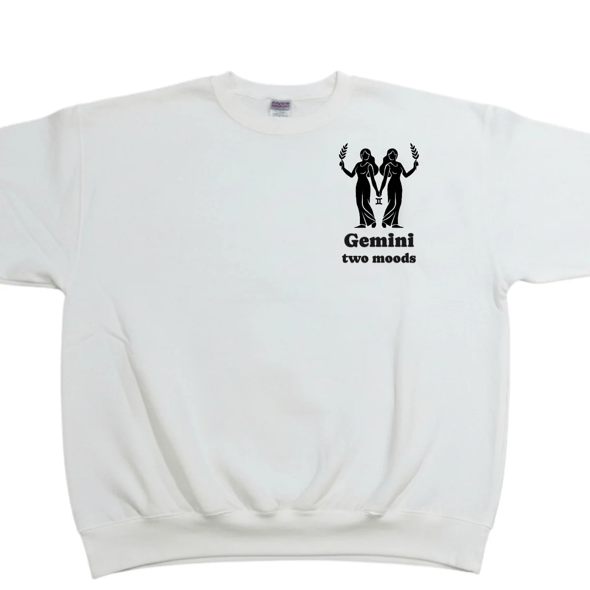 Gemini zodiac sweatshirt in white with the Gemini design and wording embroidered on the left chest