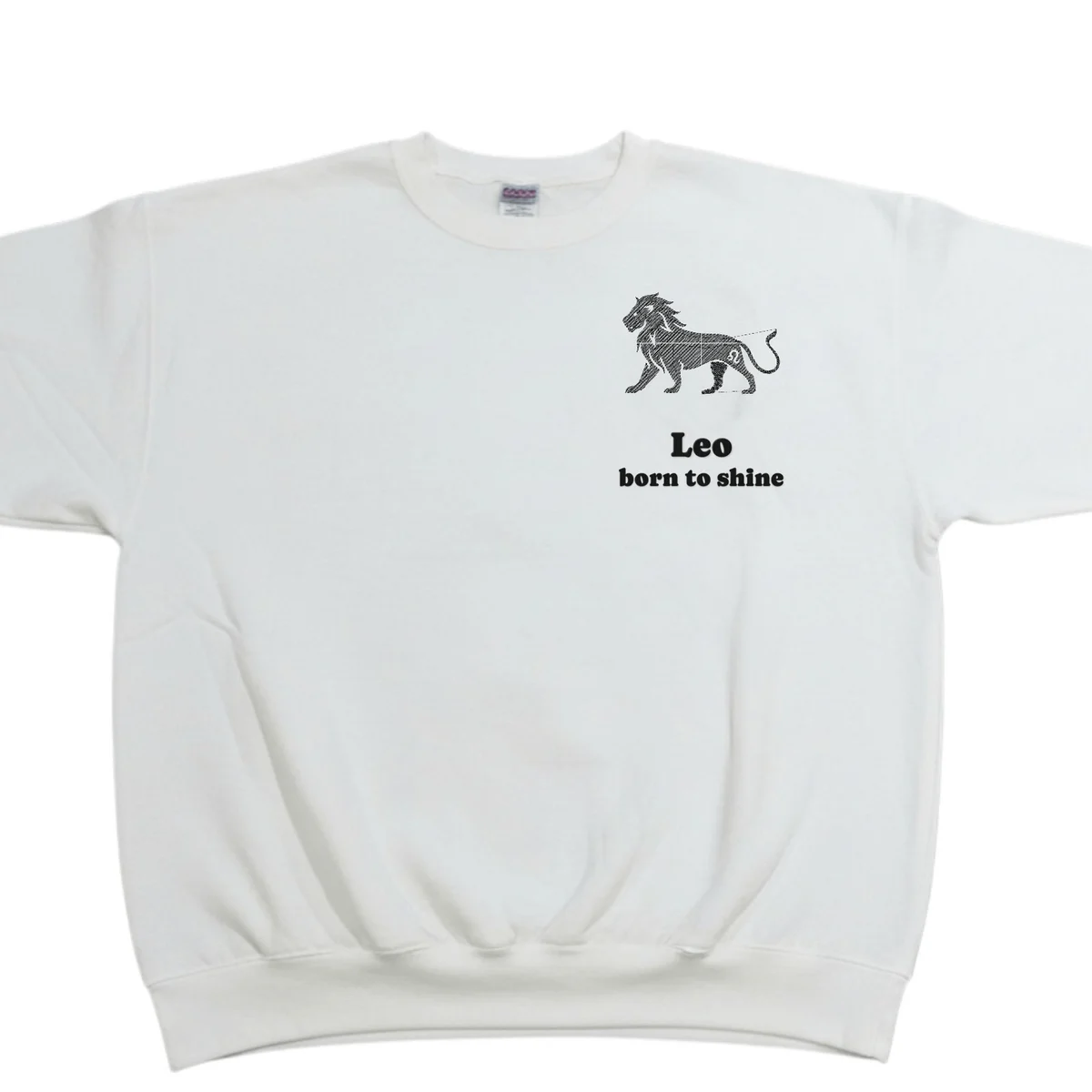 Leo zodiac sweatshirt in white with the Leo design and wording embroidered on the left chest