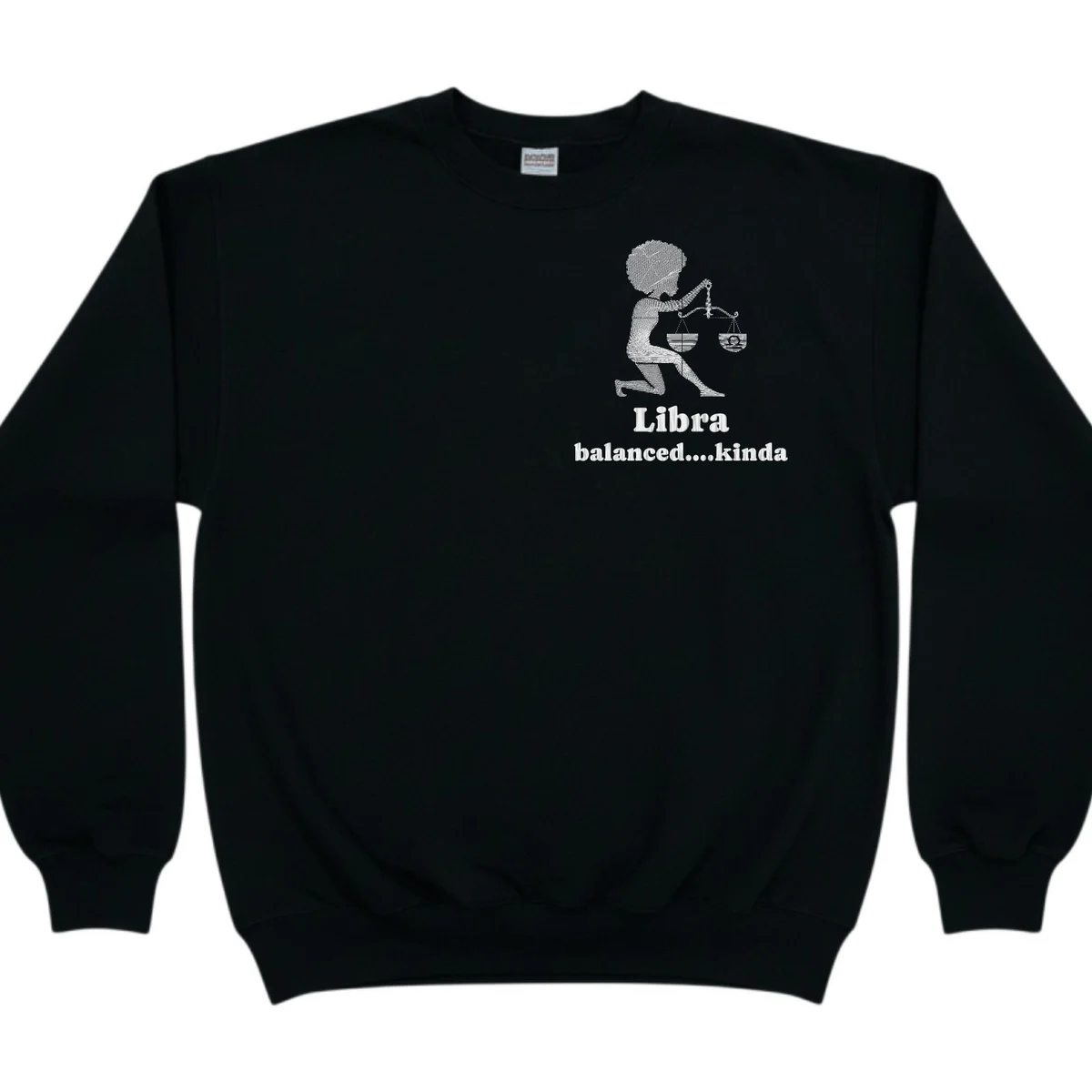 Libra zodiac sweatshirt in black with the Libra design and wording embroidered on the left chest