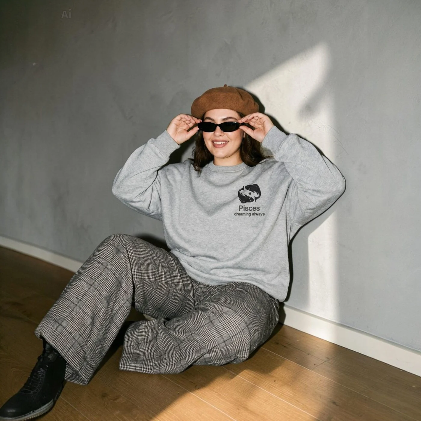 Pisces zodiac sweatshirt in grey being worn
