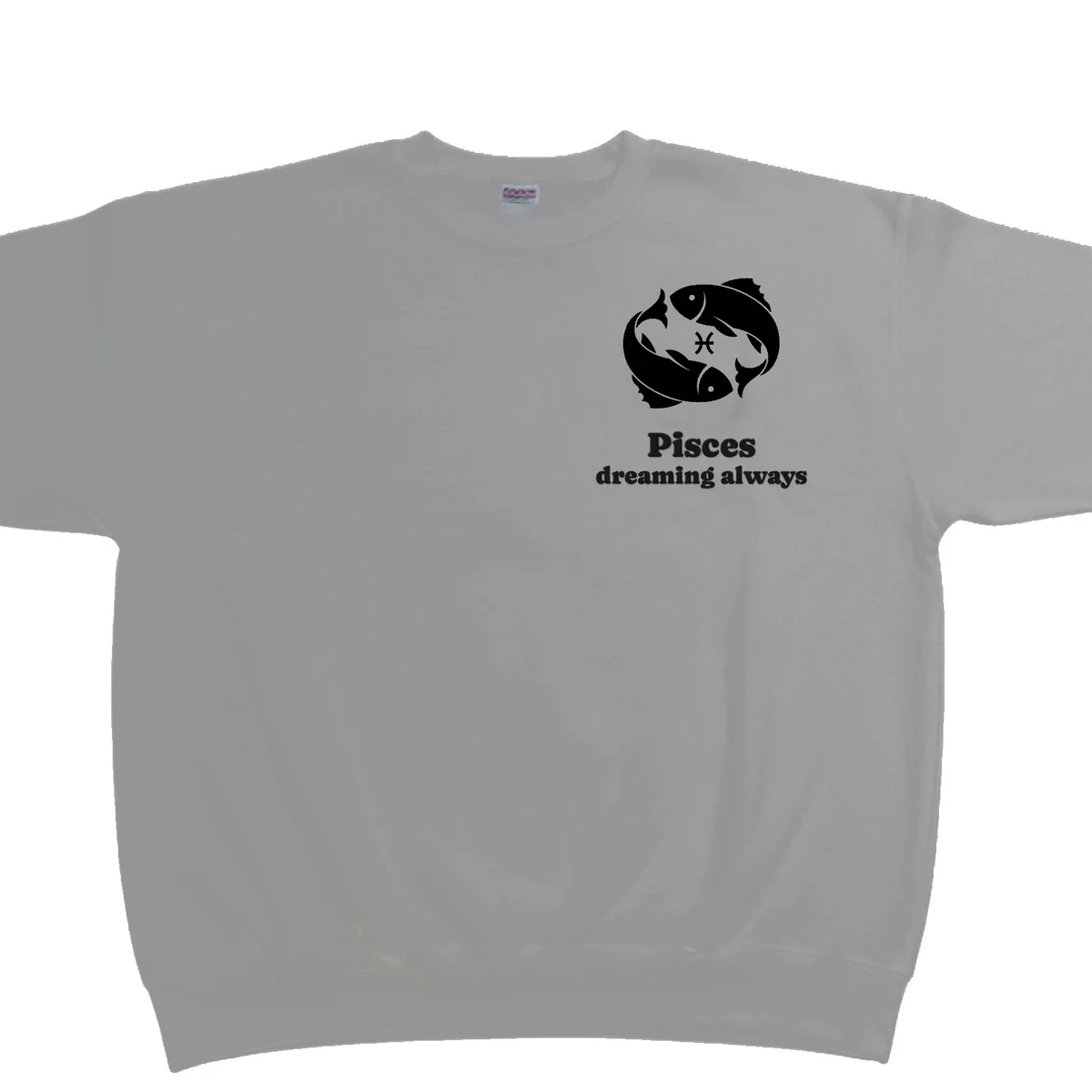 Pisces zodiac sweatshirt in grey with the Pisces design and wording embroidered on the left chest