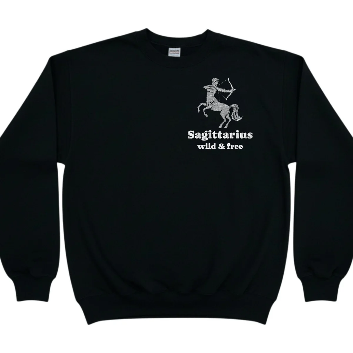Sagittarius zodiac sweatshirt in black with the Sagittarius design and wording embroidered on the left chest