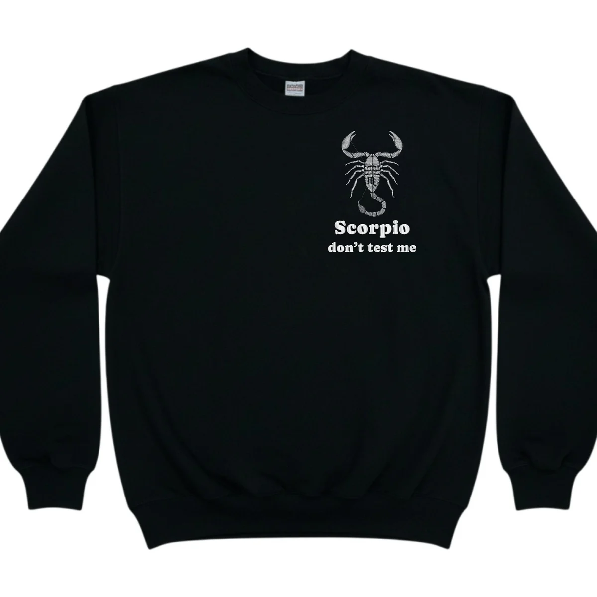 Scorpio zodiac sweatshirt in black with the Scorpio design and wording embroidered on the left chest