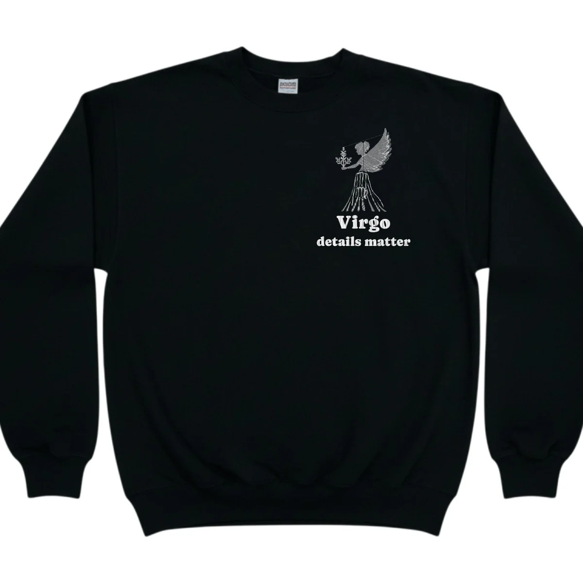 Virgo zodiac sweatshirt in black with the Virgo design and wording embroidered on the left chest