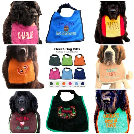 A selection of DoggiesWorld dog bibs: personalised, two-coloured, fleece, Christmas and big dog bibs