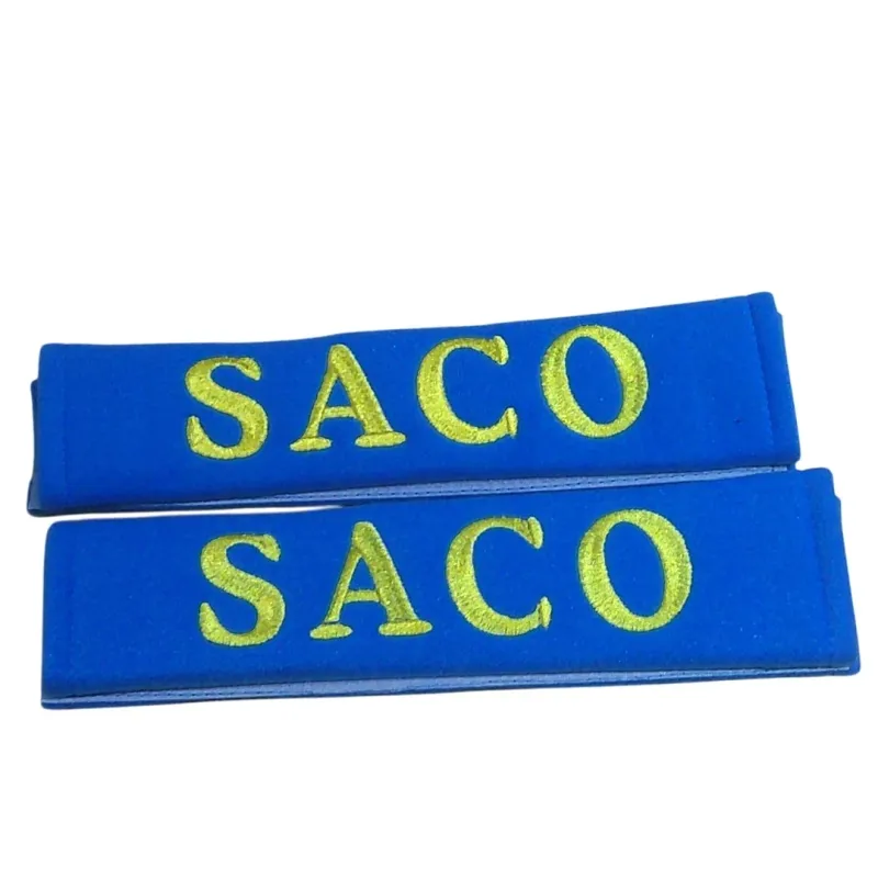 Seat belt covers embroidered with saco